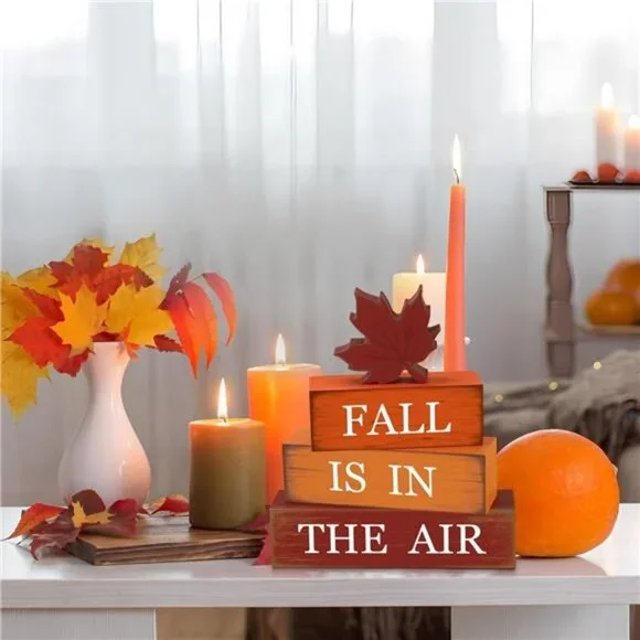 4 PCS Fall Maple Leaf Wooden Table Block Sign Thanksgiving Wood Tiered Tray - Picture 7 of 8